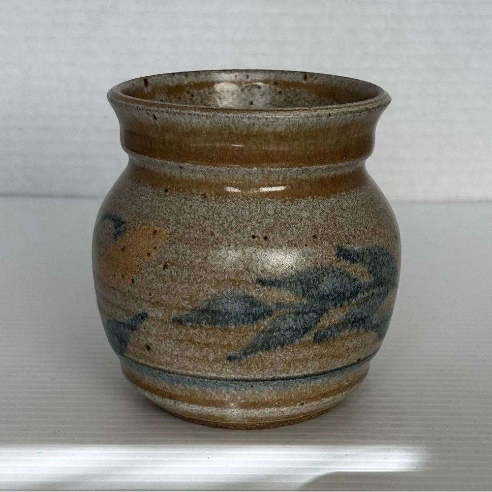 Artist Signed Studio Pottery Vase Pot Brown Teal Yellow Stripes 4x3.5”